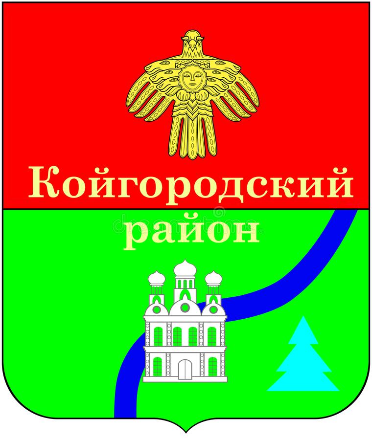 Герб в виде пересеченного щита; в верхней части герб Коми Республики; в нижней части на зелёном поле собор и волнистая лазуревая перевязь (река)..